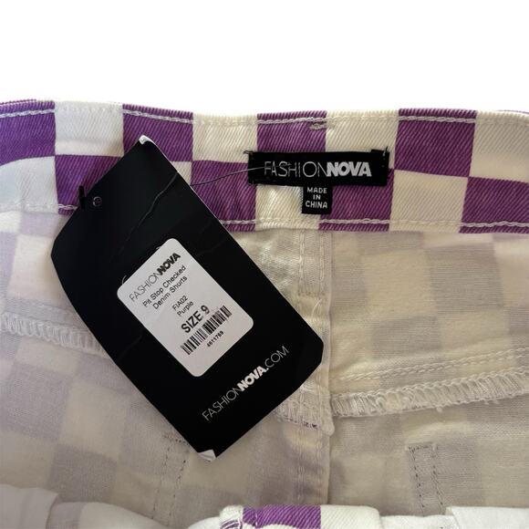 Fashion Nova Pit Stop Purple and White Checked High Rise Denim Shorts Size 9 - Picture 3 of 8